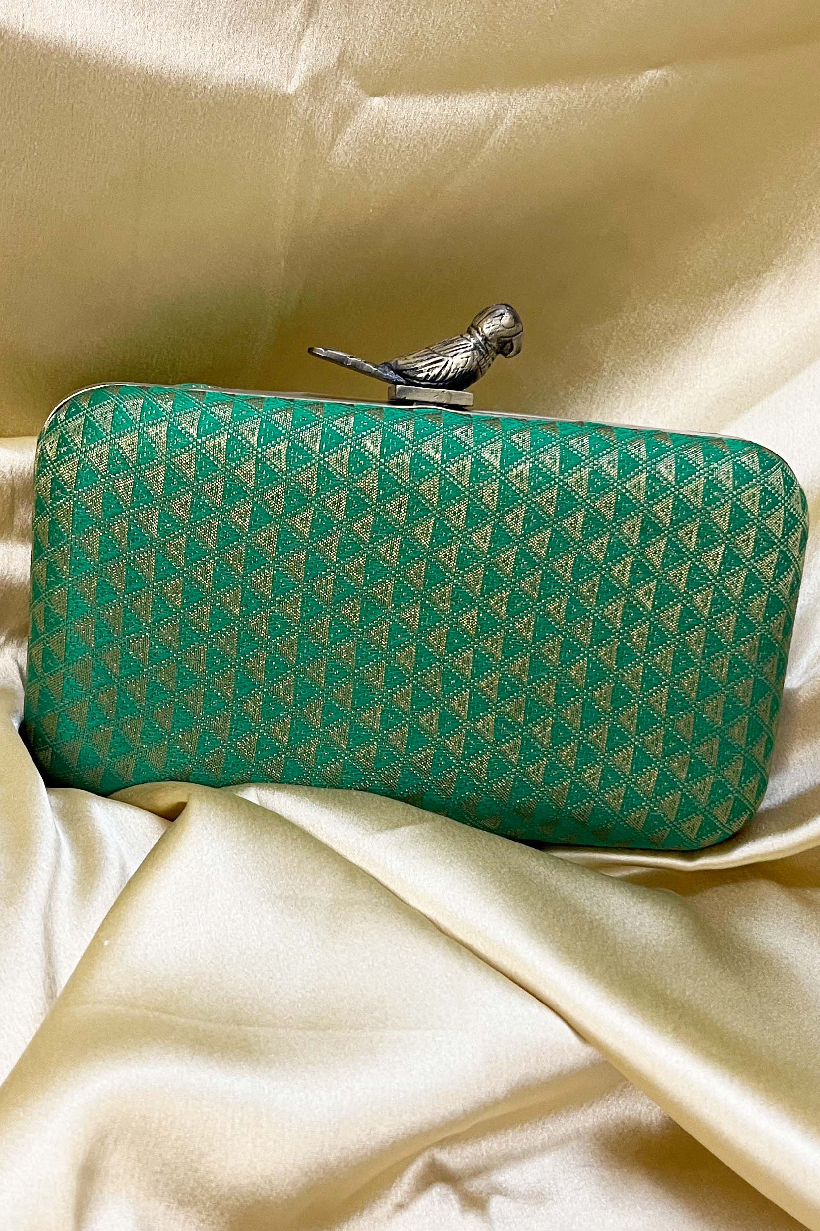 Shop The Ethereal Emerald Green Brocade Clutch with Golden Triangle Details