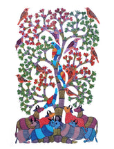 Gond Art Painting-Tree of Life — A Gathering of Cows and Birds