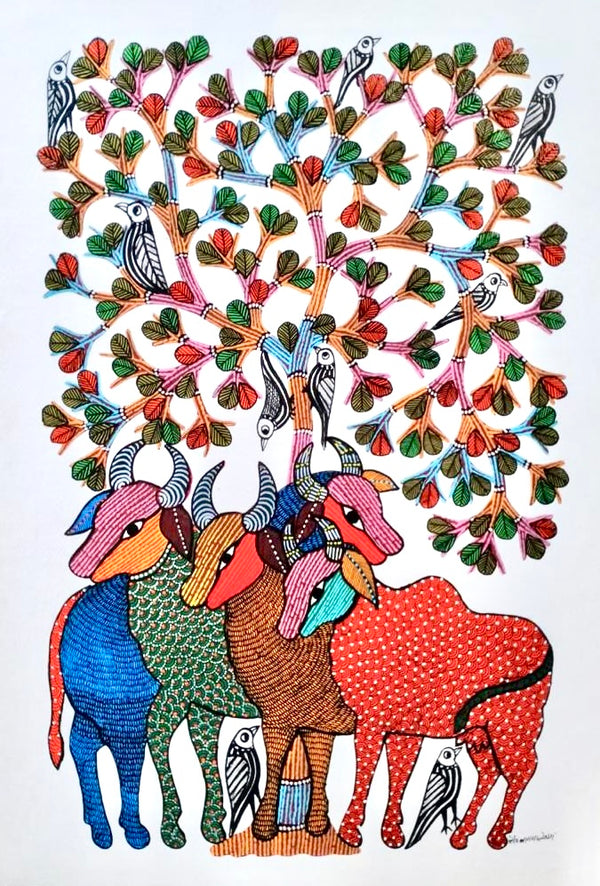 Gond Art Painting-Bulls & Tree Of Life