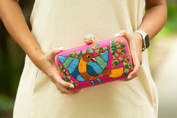 Pink Gond Art Clutch Bags