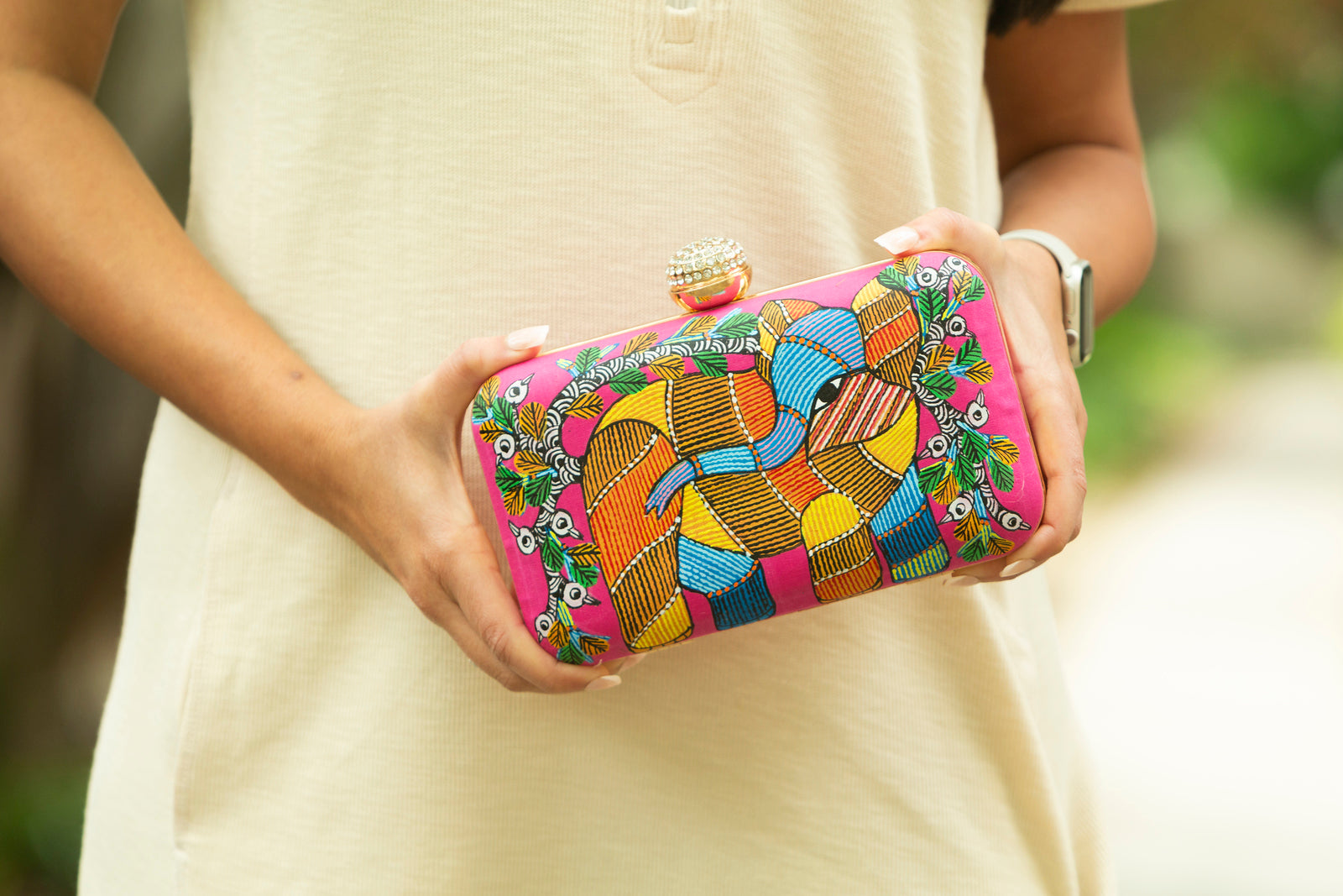 Pink Gond Art Clutch Bags