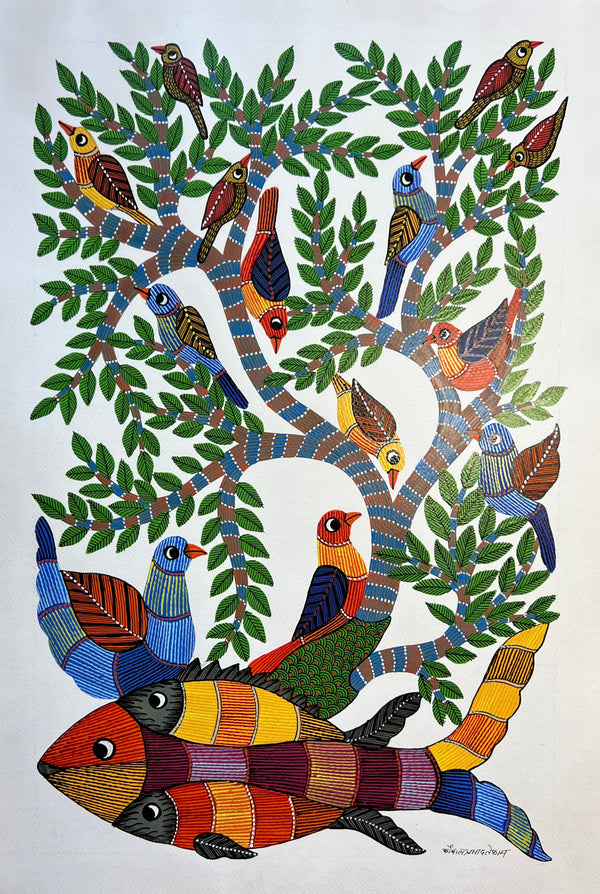Gond Art Painting-Fish and Tree of Life