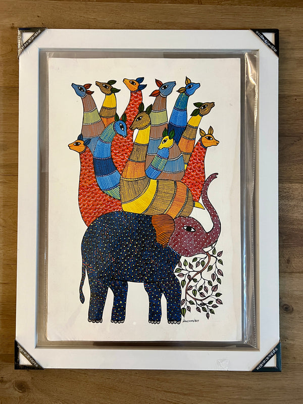Gond Art Painting-Elephant & Deers
