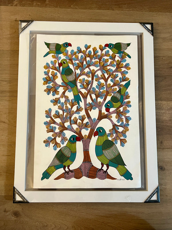 Gond Art Painting-Parrots and Tree of Life