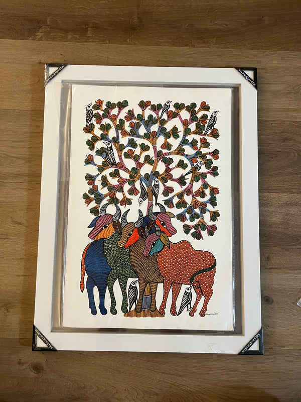 Gond Art Painting-Bulls & Tree Of Life