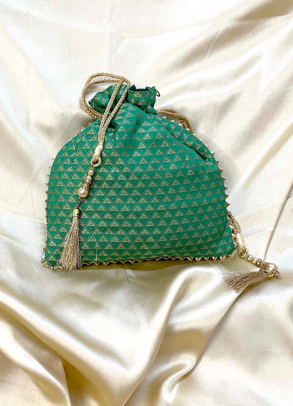 Emerald Green Brocade Potli Bag/Drawstring Bag