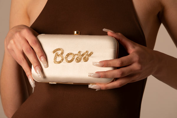 Boss Clutch Bag: For Leaders and Self-Employed woman.White Clutch Bag with Gold Hand Beaded Boss.