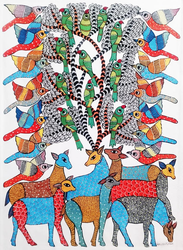 Gond Art Painting-Parrots, Deers, Birds, and ree of life