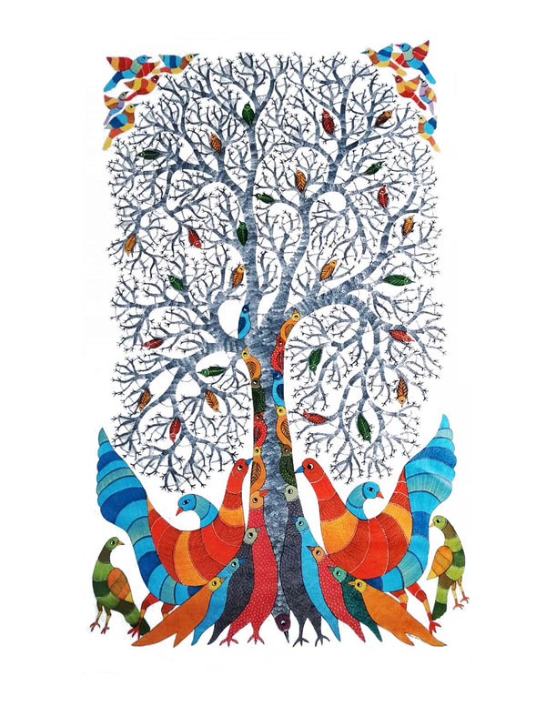 Gond Art Painting-Tree of Life and Birds