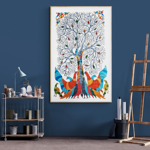 Gond Art Painting-Tree of Life and Birds