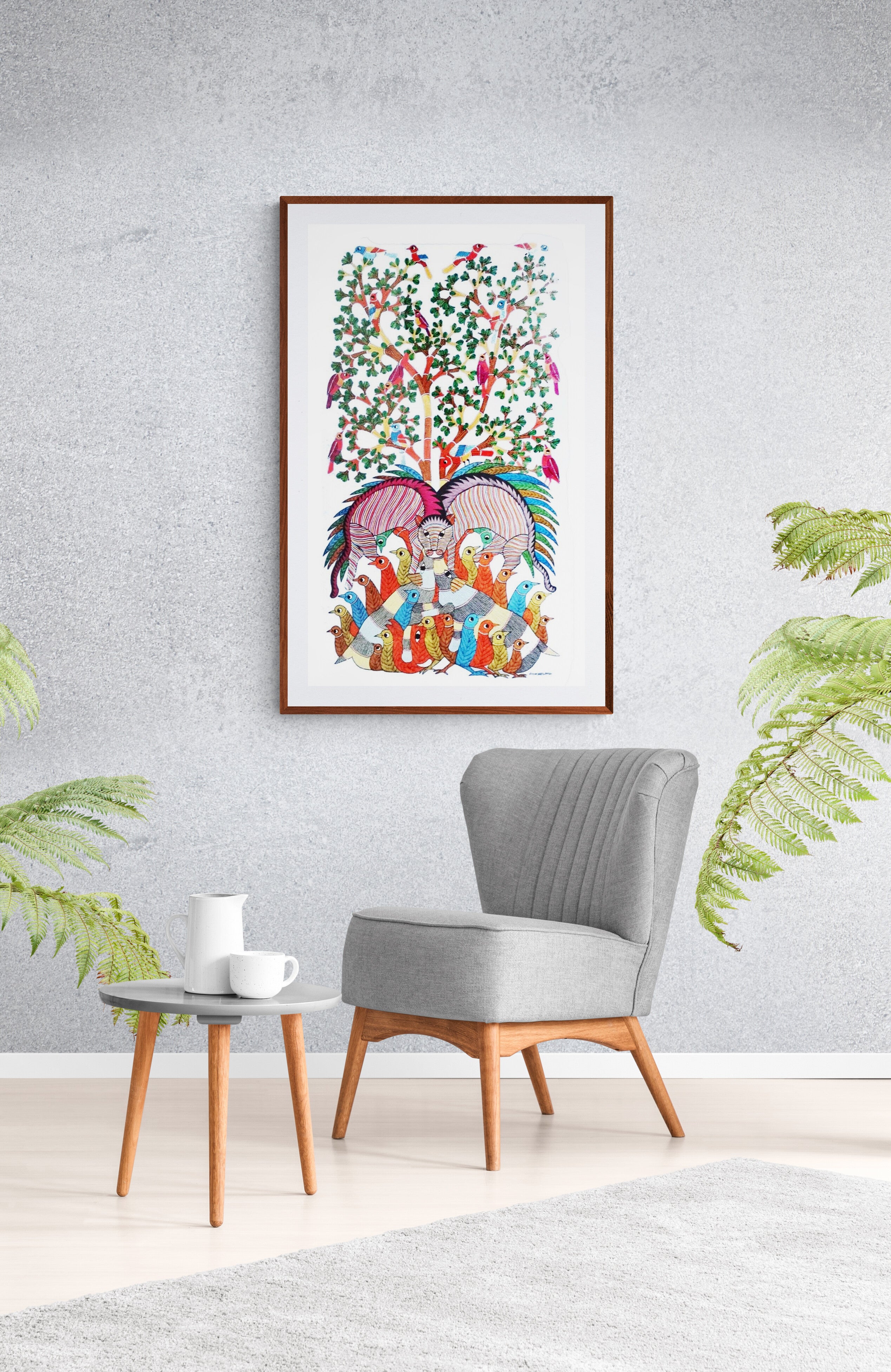 Gond Art Painting-Tree of Life, Tiger, and Birds