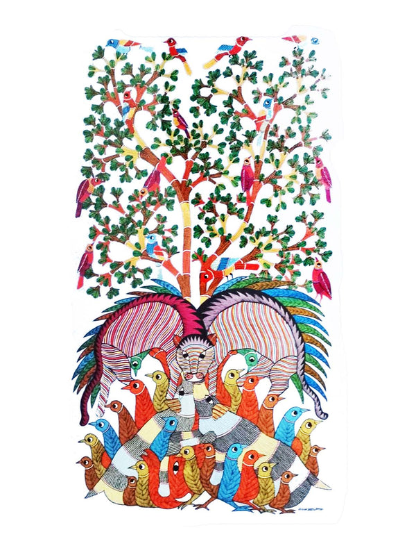 Gond Art Painting-Tree of Life, Tiger, and Birds