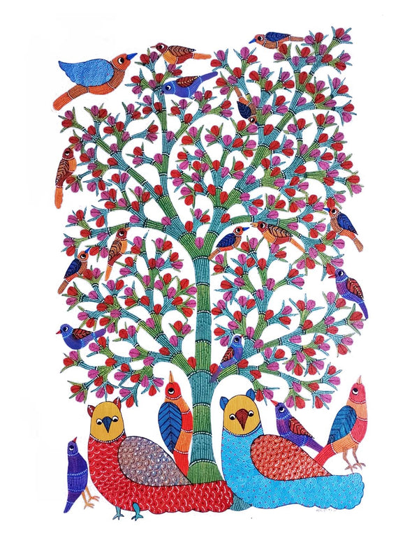 Gond Art Painting-Tree of Life, Owl, and Birds