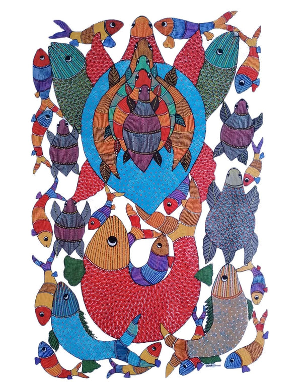 Gond Art Painting-Fishes