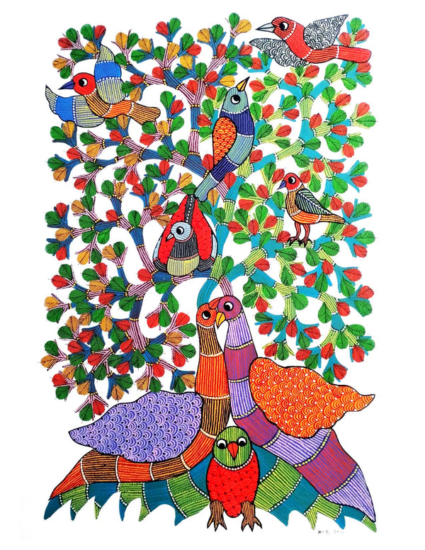 Gond Art Painting-Owl, Peacock, Birds, and Tree of Life