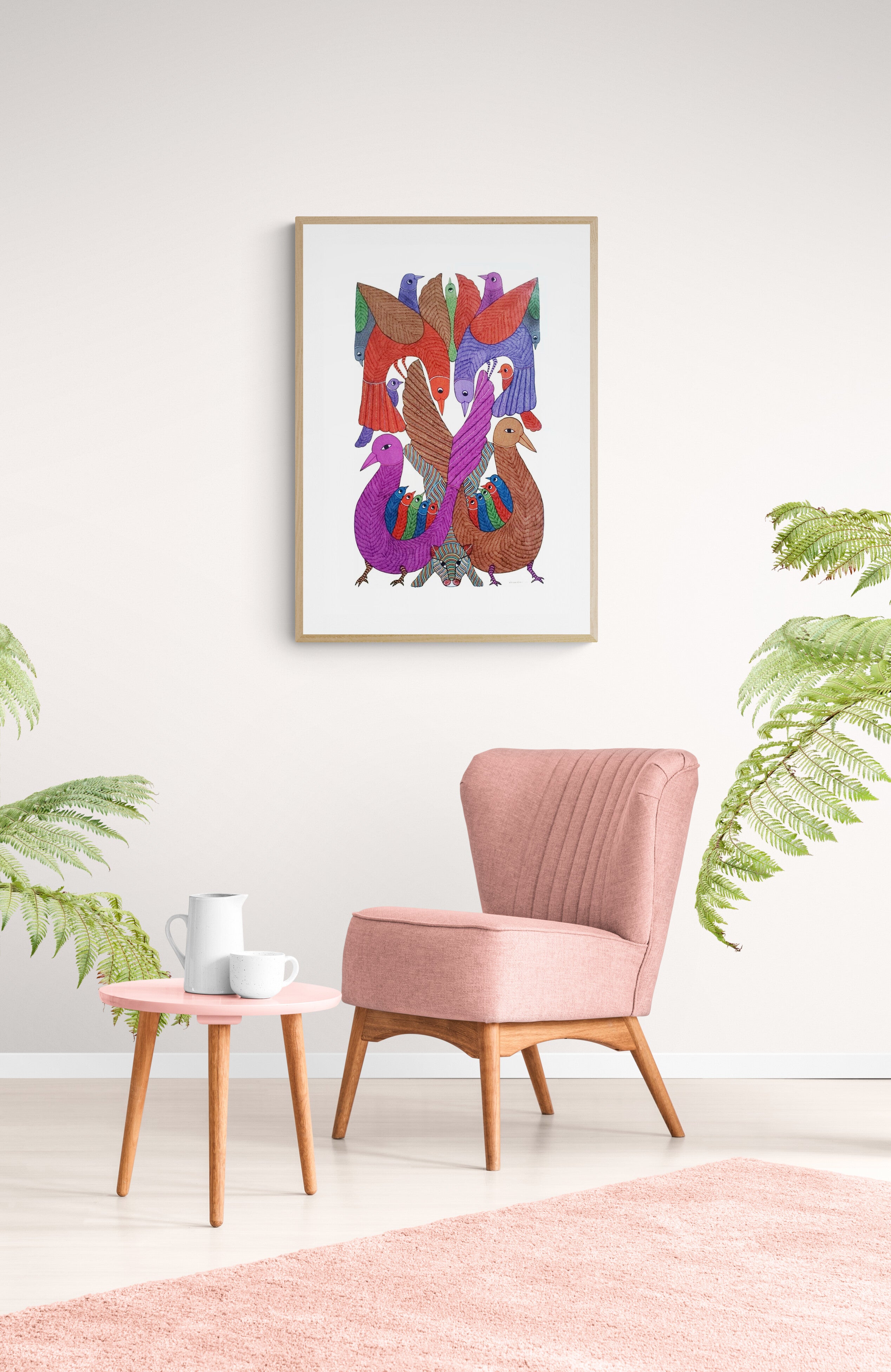Gond Art Painting-Myna and tiger