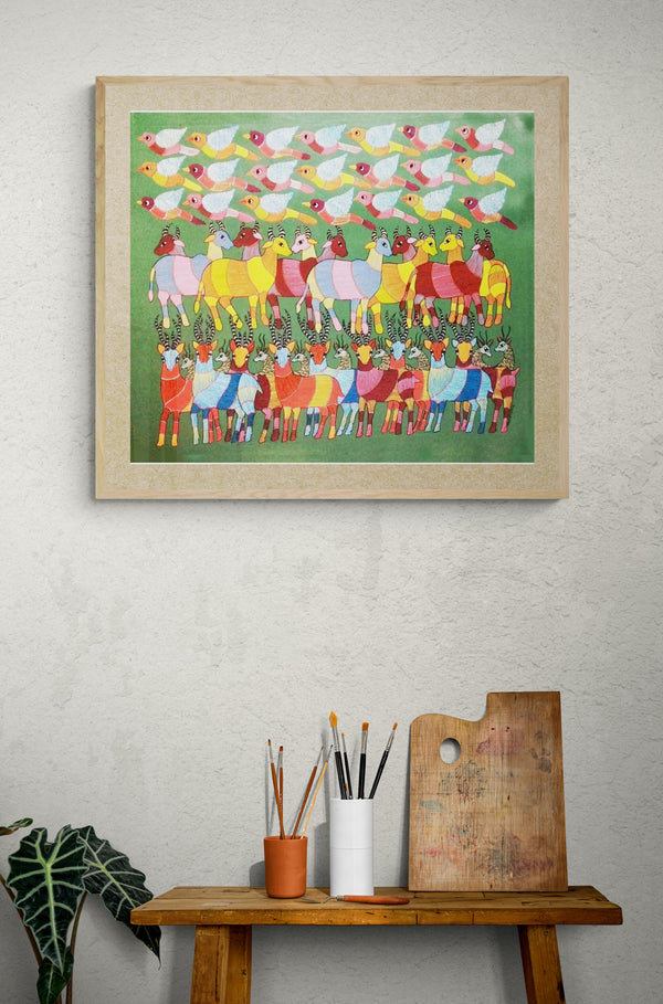 Gond Art Painting-Deer and Birds