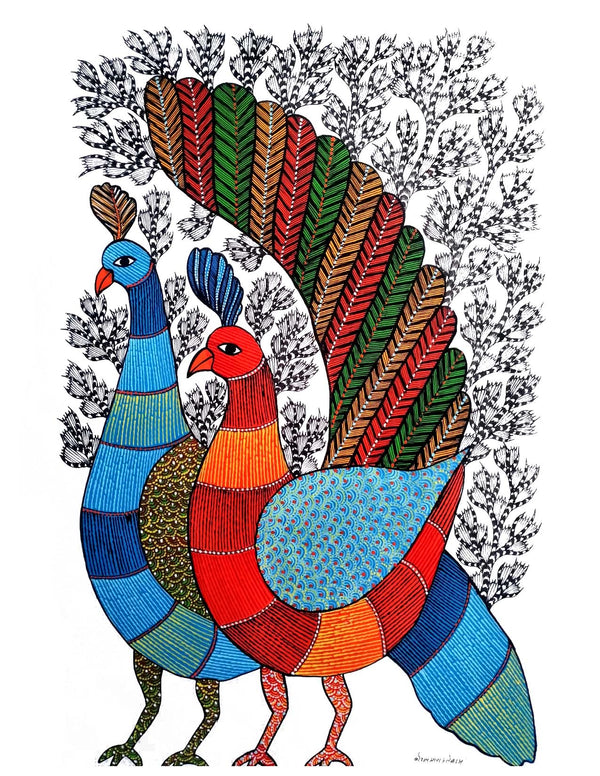 Gond Art Painting-Pair of Peacock
