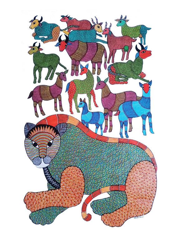 Gond Art Painting-Lion & other animals