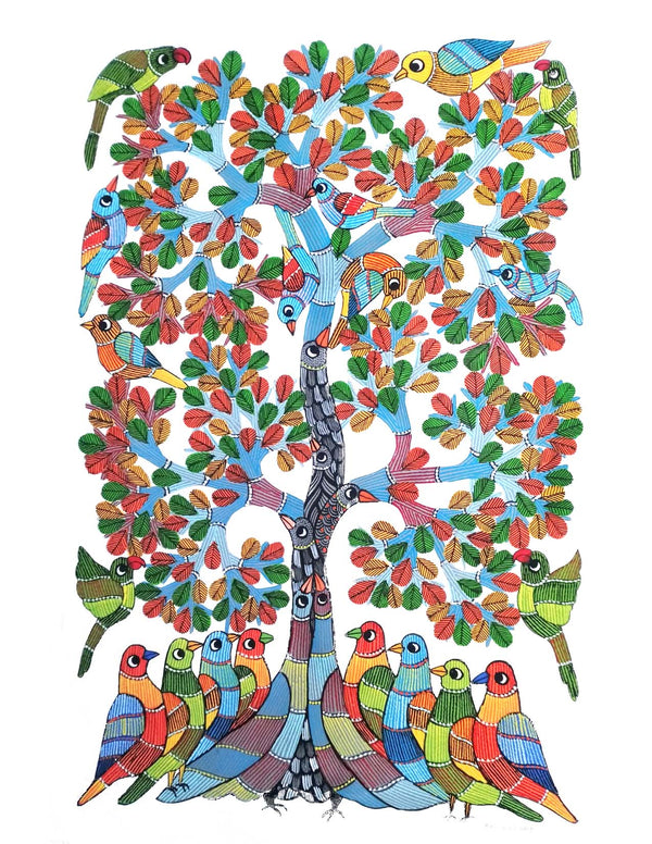 Gond Art Painting-Birds and Tree of Life in Color