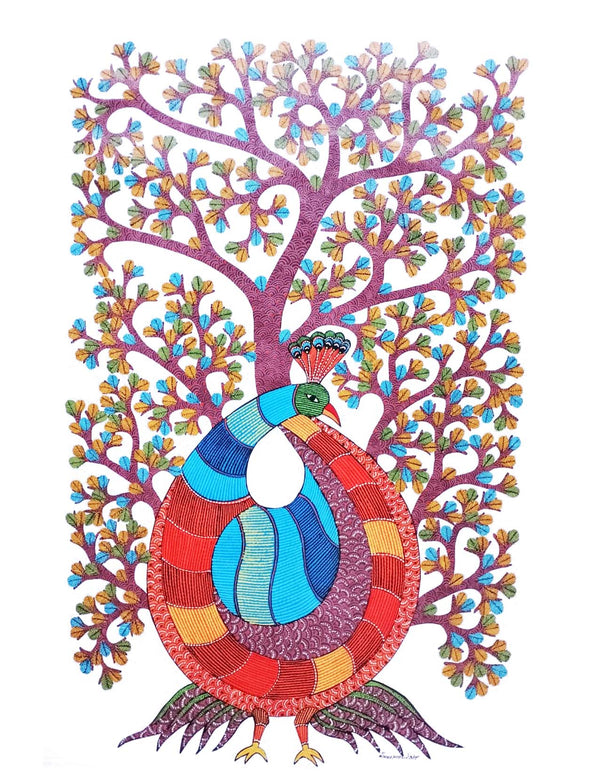 Gond Art Painting-Peacock and Tree of Life