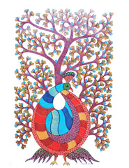 Gond Art Painting-Peacock and Tree of Life