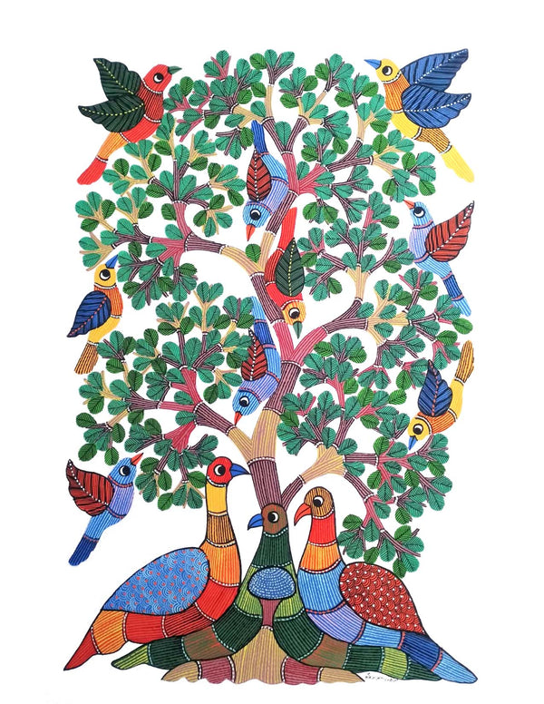 Gond Art Painting-Peahen and Birds