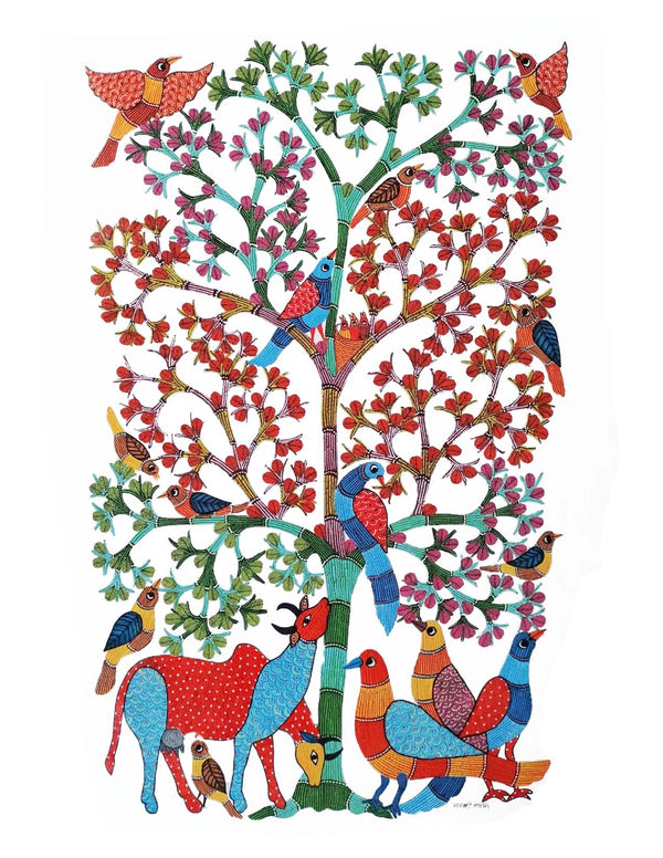 Gond Art Painting-Cow, Birds, and Tree of Life