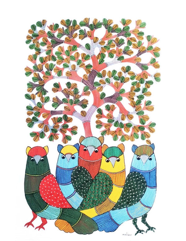 Gond Art Painting-Owl and Tree of Life