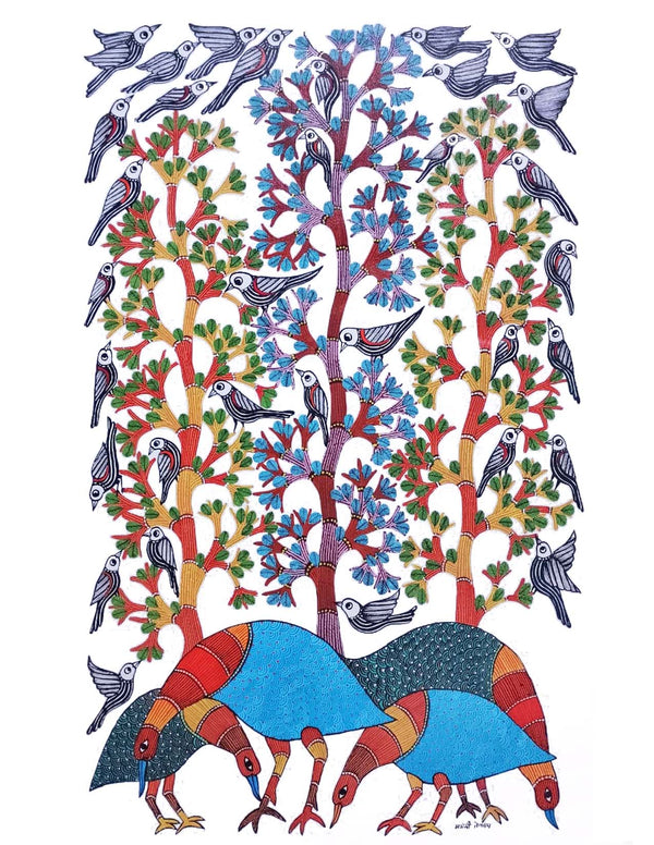 Gond Art Painting-Peahen and Tree of Life