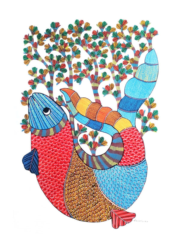 Gond Art Painting-Fish and Tree of Life