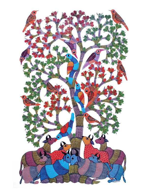 Gond Art Painting-Cows, Bird, and Tree of Life