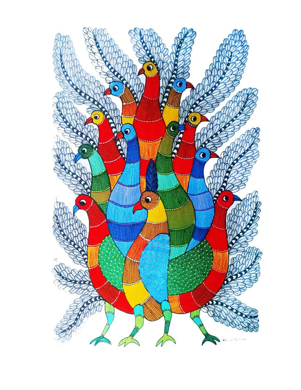 Gond Art Painting-Group of Peacocks