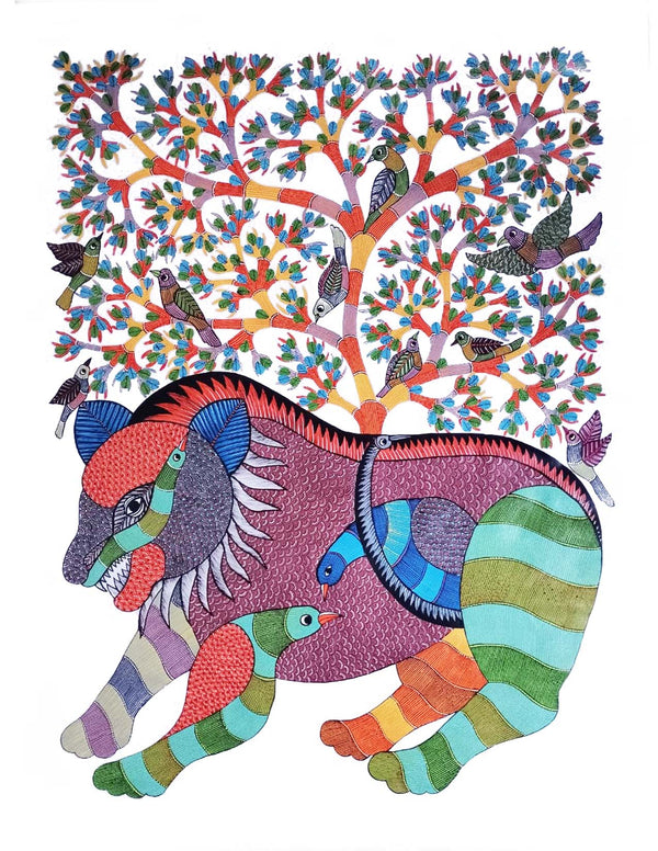 Gond Art Painting-Lion and Tree of Life