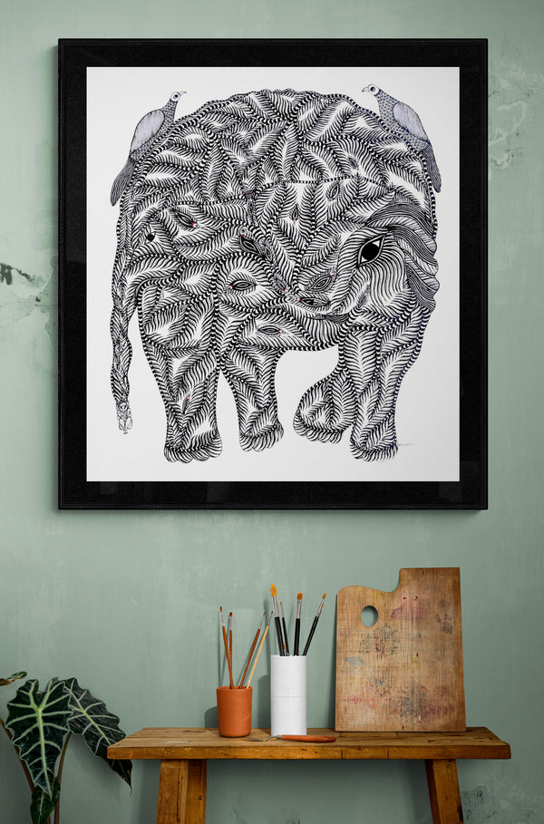 Gond Art Painting-Elephant Black and White