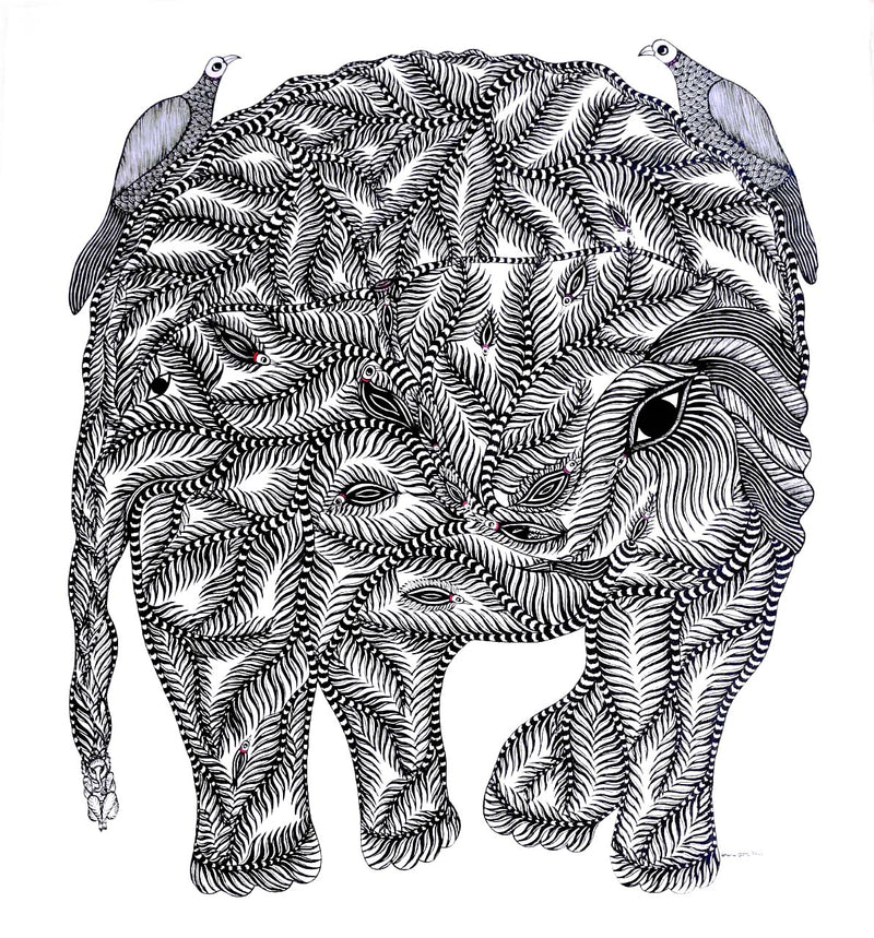 Gond Art Painting-Elephant Black and White