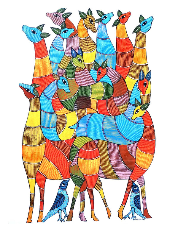 Gond Art Painting-Herd of Deers in color