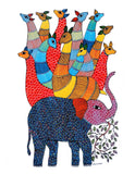 Gond Art Painting-Elephant & Deers