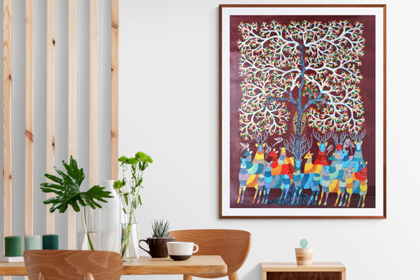 Gond Art Painting-Deer and Tree of life