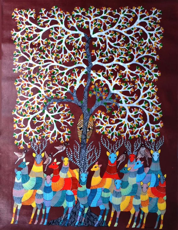 Gond Art Painting-Deer and Tree of life