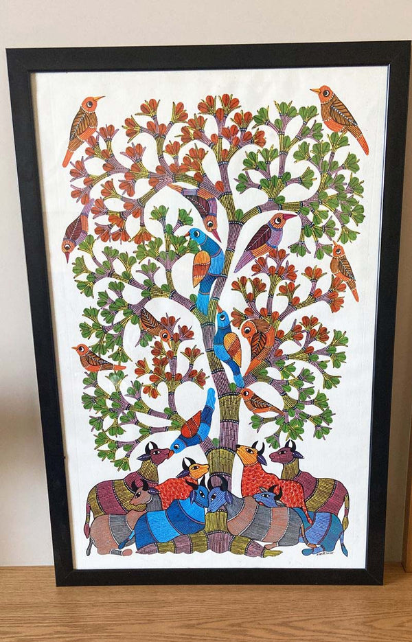 Gond Art Painting-Cows, Bird, and Tree of Life